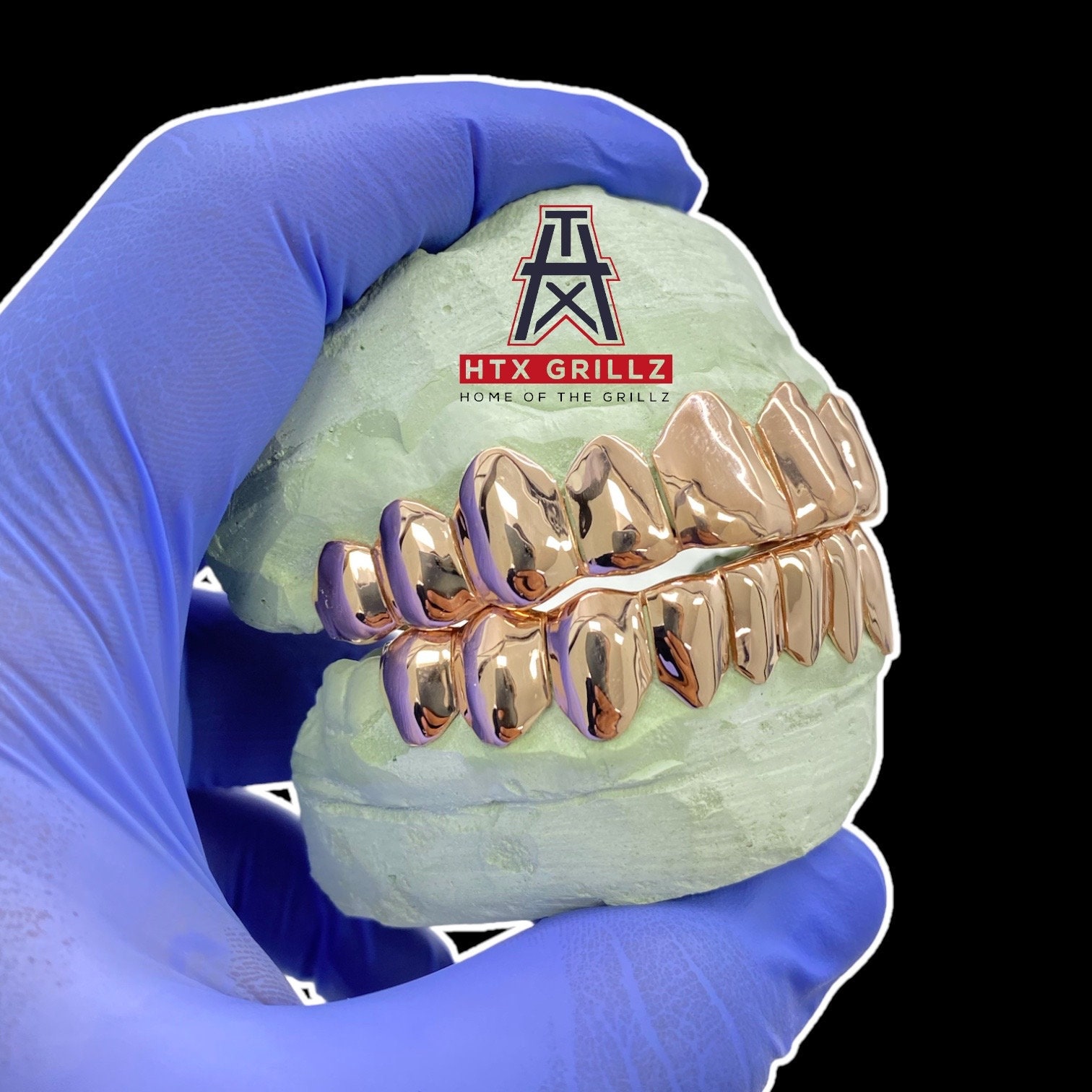 Custom Solid Rose Gold Grillz / Permanent Cut / Deep Cut Custom Gold Grillz 16 Teeth 8 Top , 8