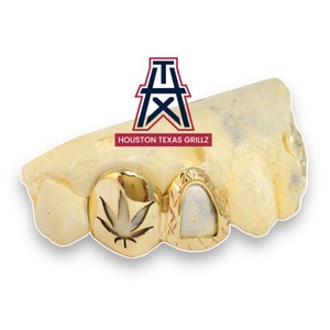 Custom 4 Solid Teeth Grillz Mary Jane Leaf Laser Engraved