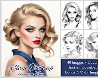40 Beautiful Women Coloring Pages, Glam Makeup Coloring Book, Grayscale Coloring, Coloring for Adults, Instant Download, Printable PDF Files
