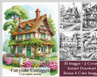 35 páginas para colorear de cabañas de cuento de hadas, lindo libro para colorear de cabañas de campo para niños o adultos, libro para colorear Cottagecore imprimible en escala de grises