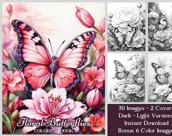 30 Butterfly Coloring Pages, Floral Butterflies Coloring Book, Printable Grayscale Coloring Book, Adults & Kids Coloring, Fantasy Coloring