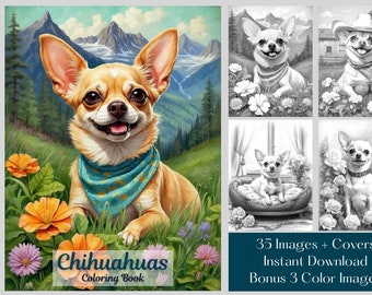 35 Chihuahua Coloring Book- Adorable Dog Coloring Pages - Printable Dog Coloring Book PDF - Instant Download- Grayscale Adult Coloring