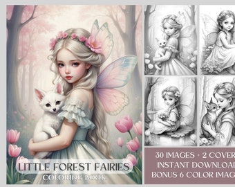 30 Little Fairies Coloring Book - Fairy Girls with Animals Fairy Coloring Pages - Instant Download Printable - Grayscale Coloring Book PDF