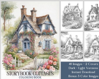 40 Cottages Coloring Book - Storybook Fairytale Cottages - Fantasy House Coloring Book PDF - Cottagecore Coloring - Instant Download