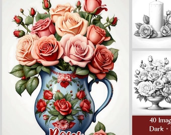 Libro para colorear de rosas vintage en escala de grises: 40 páginas florales, descarga digital, PDF imprimible.