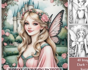 Kleurboek Royal Garden Fairies: 40 fantasiepagina's in grijswaarden, afdrukbare pdf, digitale download