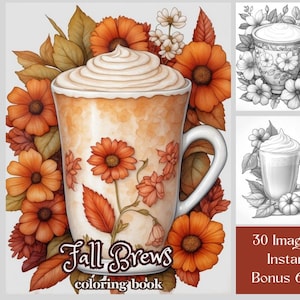 Höstkaffedrycker målarbok: 30 sidor med höstlövverk (digital nedladdning)