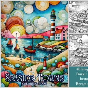 Seaside Towns Coloring Book: 40 Grayscale Fantasy Landscapes (PDF Digital Download)