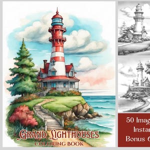 Coastal Lighthouse Coloring Book: 50 Grayscale Printable Pages (Digital Download)