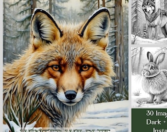 30 Wildlife Coloring Pages, Winter Wildlife Coloring Book, Forest Animals In Winter Landscape, Grayscale Printable Nature Coloring Book PDF