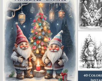 40 páginas para colorear de gnomos navideños - Libro para colorear de gnomos para adultos - Páginas para colorear en PDF imprimibles - Descarga instantánea - Coloreado en escala de grises