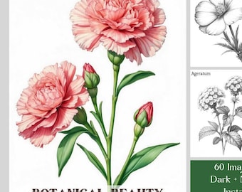 Libro para colorear botánico en escala de grises: 60 diseños florales, páginas PDF imprimibles, descarga instantánea.
