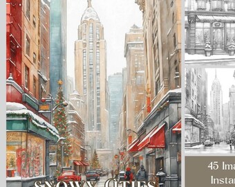 Snowy City Coloring Book: 45 Winter Urban Pages (Printable PDF File)