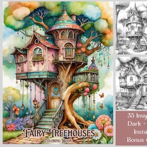Kleurplaten feeënboomhut: 35 fantasieafbeeldingen in grijstinten, afdrukbare pdf, digitale download