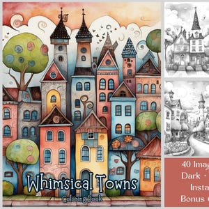 Whimsical Towns Coloring Book: Folk Art Grayscale (Printable PDF)