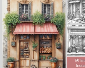 Libro para colorear de escaparates parisinos: 50 diseños arquitectónicos en escala de grises, archivo PDF imprimible
