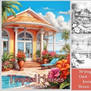 50 tropische huizen kleurplaten, strandhuisjes afdrukbaar grijswaarden kleurboek, zwembad, terras, strandtaferelen, kleurboek voor volwassenen, pdf