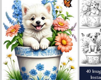 Flowerpot Puppies Coloring Book: 40 Floral Dog Grayscale Pages (Printable PDF)