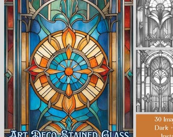Art Deco Stained Glass Coloring Book: 30 Grayscale Patterns (Printable PDF)