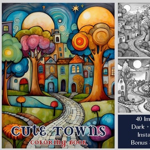 Towns Coloring Book: 40 Pop Art Grayscale Printable PDF Pages (Digital Download)