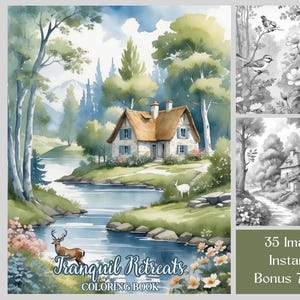 35 Landschaftsmalseiten, druckbares Graustufen-Naturmalbuch für Erwachsene, entspannendes Malbuch, Tierfärbung, Blumenfärbung