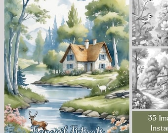 35 Landscape Coloring Pages, Printable Grayscale Nature Coloring Book For Adults, Relaxing Coloring Book, Animal Coloring, Floral Coloring