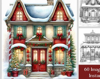 クリスマスの店先ぬり絵：趣のあるホリデーシーン60点、グレースケールページ、印刷可能なPDF、即時ダウンロード