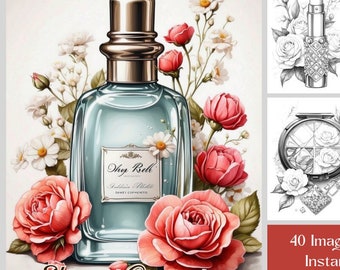 40 Makeup Coloring Pages - Elegant Cosmetics Beauty Coloring Book - Perfume Bottles, Lipstick, Eyeshadow - Grayscale Printable Coloring Book