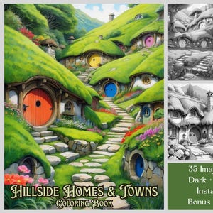 Libro para colorear de casas de fantasía: 35 casas y pueblos en laderas (PDF imprimible)