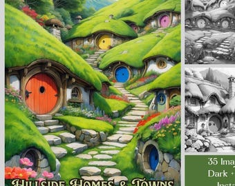Fantasy Houses Coloring Book: 35 Hillside Homes & Towns (Printable PDF)