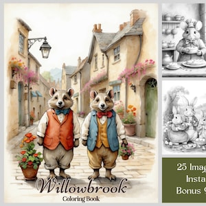 May include: A watercolor illustration of a coloring book cover featuring two raccoons wearing vests and bow ties standing in a quaint town street. The book title is "Willowbrook Coloring Book".