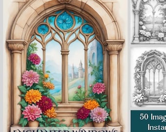 Livre de coloriage Fenêtres enchantées : 50 scènes florales fantastiques, niveaux de gris, PDF imprimable