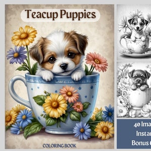 Libro para colorear de cachorros en taza de té: 40 adorables páginas de cachorros, PDF imprimible en escala de grises