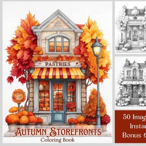 Autumn Storefronts Coloring: 50 Grayscale Coloring Pages, Printable PDF, Digital Download,
