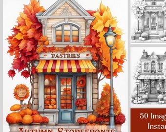 Autumn Storefronts Coloring: 50 Grayscale Coloring Pages, Printable PDF, Digital Download,