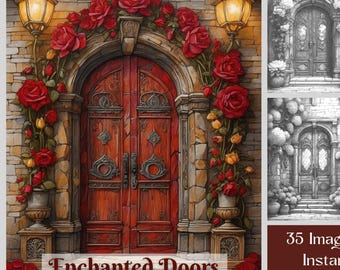 Enchanted Doors Coloring Book: 40 Grayscale Fantasy Floral Pages, Printable PDF