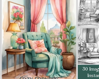 Cozy Corners Grayscale Coloring Book: 30 Reading Nooks Interior Scenes, Printable PDF, Digital Download