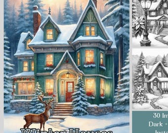 Winter Houses Coloring Book: 30 Snowy Landscapes (Printable PDF)
