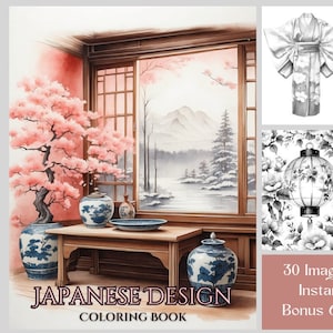 花柄の日本風塗り絵：グレースケールデザイン30種類、印刷可能なPDF、デジタルダウンロード