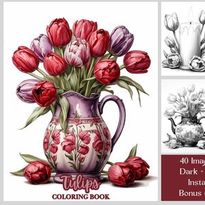 Tulip Flower Coloring Pages: 40 Botanical Grayscale Floral Coloring Book (Digital Download)