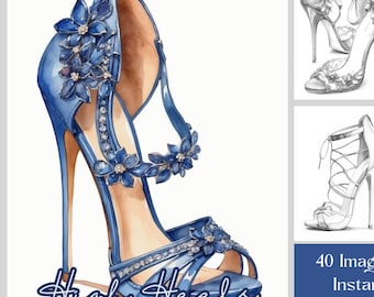 High Heel Coloring Book: 40 Grayscale Fashion Shoe Designs Pages, Printable PDF