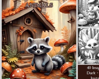 Autumn Animals Coloring Book: 40 Grayscale Pages, Printable PDF, Digital Download