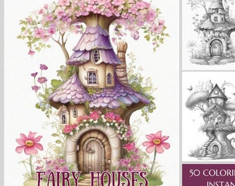 Fairy Houses Coloring Book: 50 Fantasy Printable PDF Grayscale Coloring Pages, Digital Download