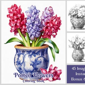 45 Flower Coloring Pages, Elegant Varieties of Flowers In Pretty Ceramic Pots, Adult Coloring Book PDF, Grayscale Printable Floral Coloring