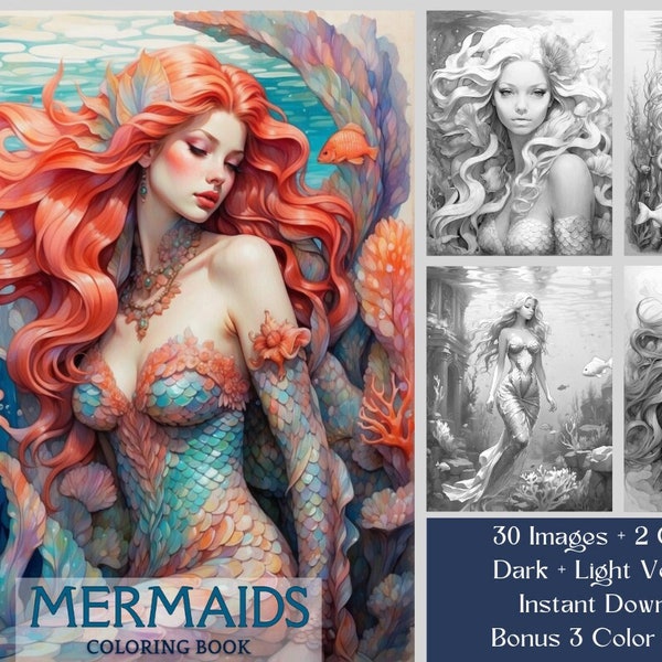 30 Mermaids Coloring Book - Fantasy Adult Coloring Pages - Printable Grayscale Underwater Mermaids, Castles, Ocean Life Coloring Pages