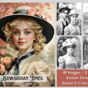 40 Vintage Fashion Coloring Pages - Grayscale Printable PDF Adult Coloring Pages - Edwardian Times Coloring Book - Romance Coloring Book