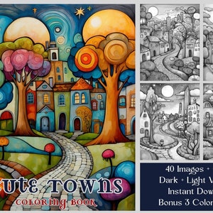 40 Cute Towns Coloring Pages, Fun Pop Art Town Coloring Pages, Grayscale Coloring Pages For Adults & Kids, Whimsical Abstract Town Coloring