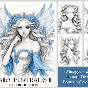 40 Fairy Coloring Pages, Cute Fairy Portraits 2 Coloring Book PDF, Fantasy Coloring Book, Grayscale Printable Coloring Book, Adult Coloring