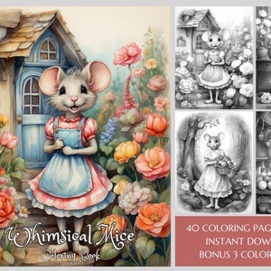 40 Mice Coloring Pages - Fantasy Mouse Coloring Book - Cottage, Flowers Grayscale Animal Coloring Book PDF - Instant Download - Printable