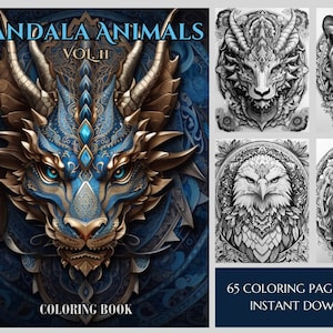 65 Mandala Malvorlagen - Graustufen Fantasy druckbare Mandala Tiere Malbuch für Kinder oder Erwachsene - Instant Download PDF
